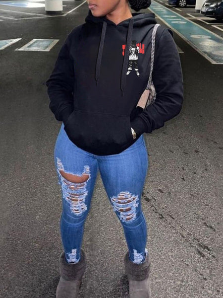 Figure Letter Print Kangaroo Pocket Hoodie BO3010