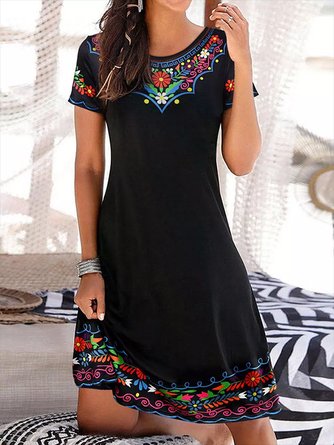 Women&#x27;s Tribal Crew Neck Casual Short Sleeve Knit Dress EE36