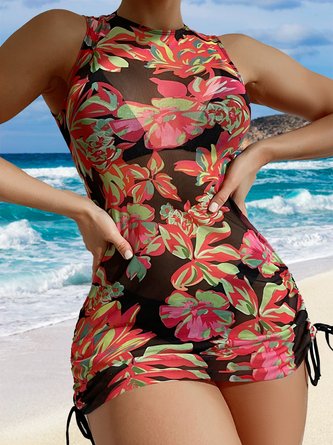 Vacation Plants Printing Crew Neck Bikini three piece suit QAJ32
