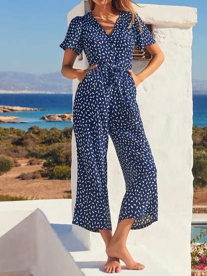 Loose V Neck Floral Vacation Jumpsuit  QB109