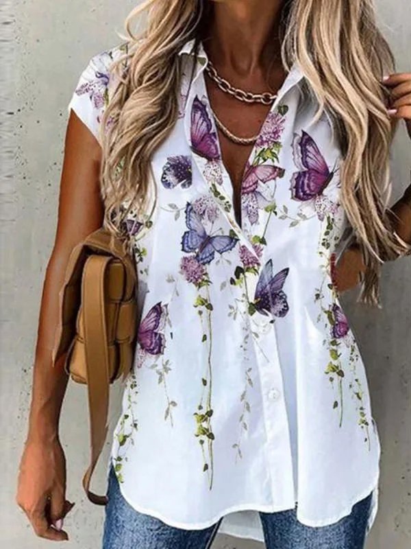 Floral Loosen Vacation Shirt Collar Short Sleeve Blouse for Women MMy31