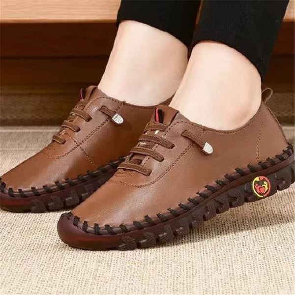 Women's Handmade Flat Sneakers, Solid Color Soft Sole Lace Up Non Slip Low Top Shoes, Casual Faux Leather Shoes SE1031