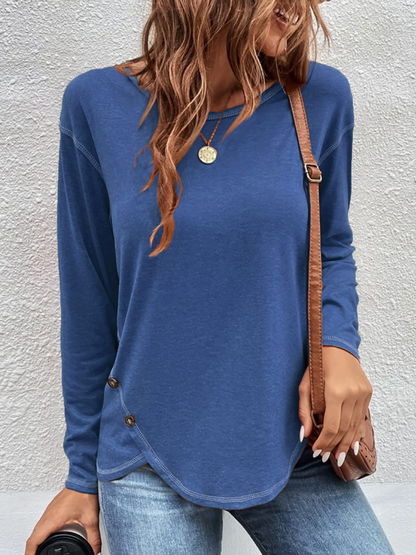 Casual Plain Autumn Cross Neck Micro-Elasticity Jersey Standard Regular H-Line Tunic T-Shirt for Women QAL47