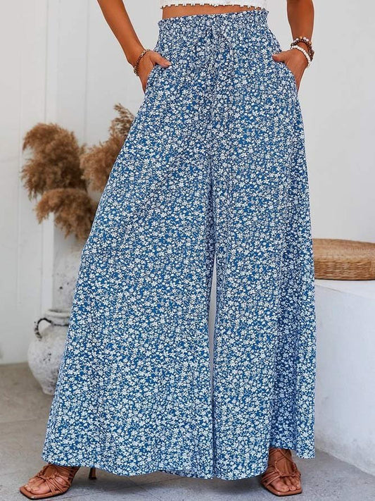 Loose Vacation Ditsy Floral Print Knot Front Slant Pocket Wide Leg Pants  QB112