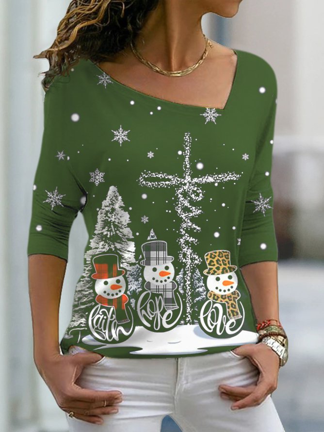 Women's Black long sleeve Tee Snowman Christmas Tree Printed PJ14