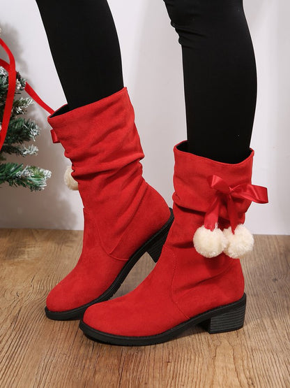 Christmas Pompom Decor Plus Size Faux Suede Slouchy Boots PJ50