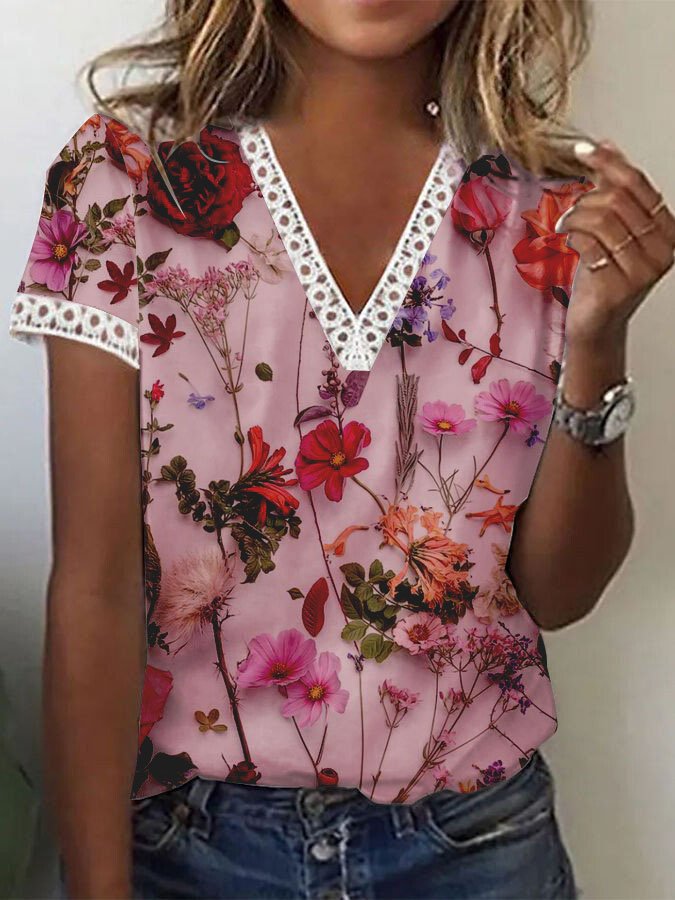 Women Floral Knitted Casual V-Neck T-Shirt MMy21