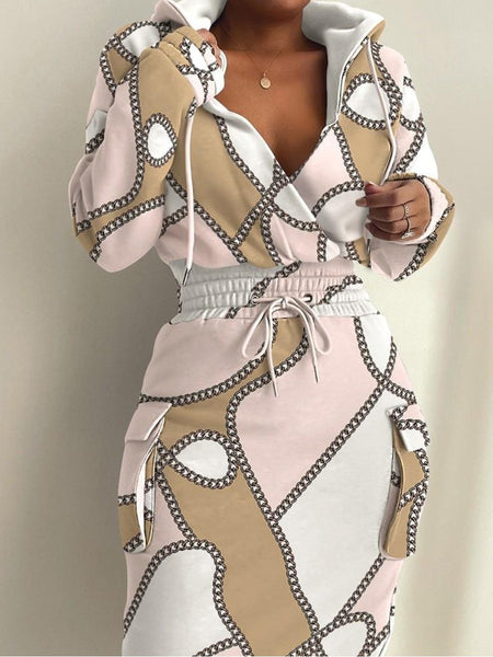 Plus Size Chain Print Drawstring Bodycon Dress AT8021