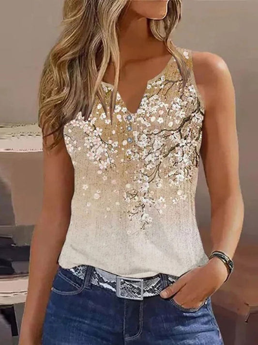 Floral Casual Notched Buckle Loose Tank Top  QV100