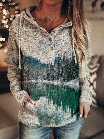 Vintage Hoodie Long Sleeve Landscape Printed Statement Casual Sweatshirt QAL53