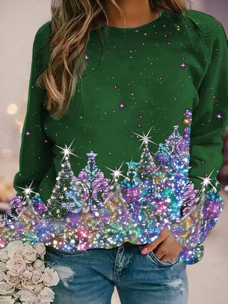 Women's Black Sweatshirt Colorful Christmas Tree Printed PJ18