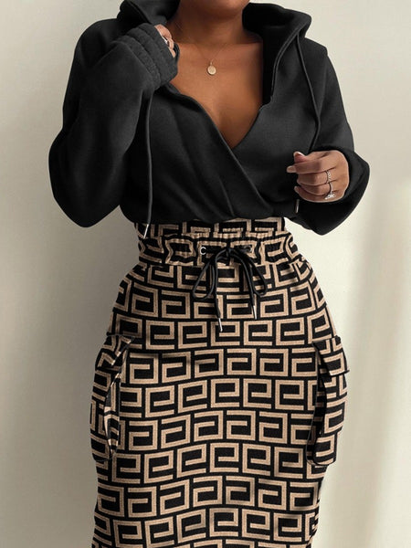 Plus Size Chain Print Drawstring Bodycon Dress AT8021