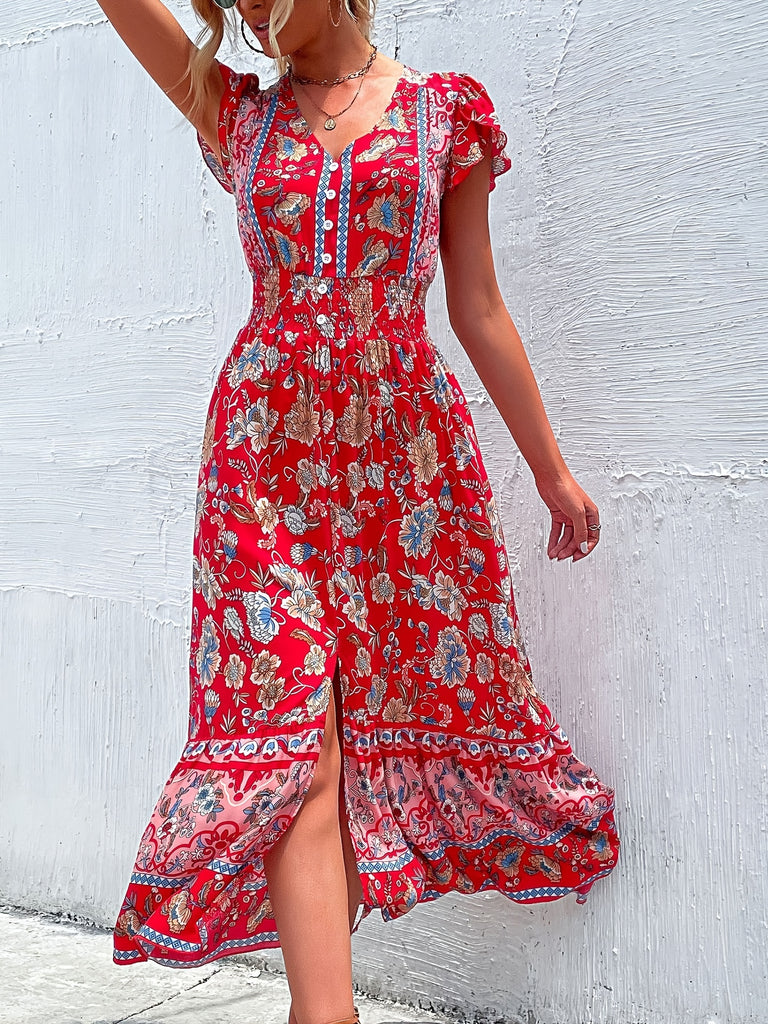 Tribal Floral Print Dress, Bohemian Flutter Sleeve Split Hem Ruched Maxi Dress, Women's Clothing AZ10012
