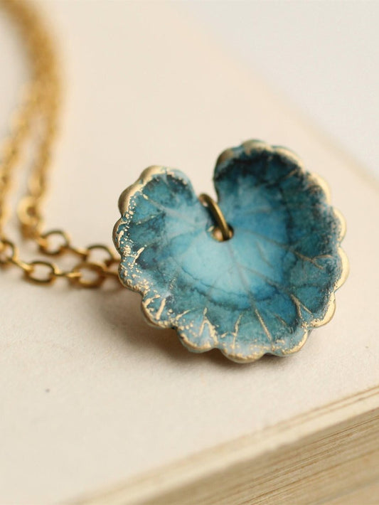 Vintage Ceramic Lotus Leaf Plant Pendant Necklace Ethnic Casual Women Jewelry cc22