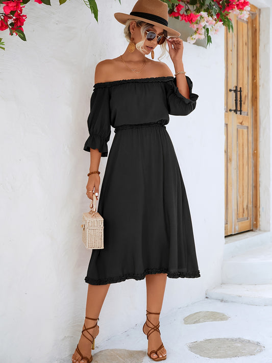 Ruffle Hem Off Shoulder Dress, Solid Short Sleeve Dress, Casual Every Day Dress, Women's Clothing AE1016