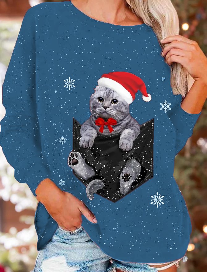 Women Christmas Cute Funny Cat Crew Neck Sweatshirt Top PJ31 - Furdela