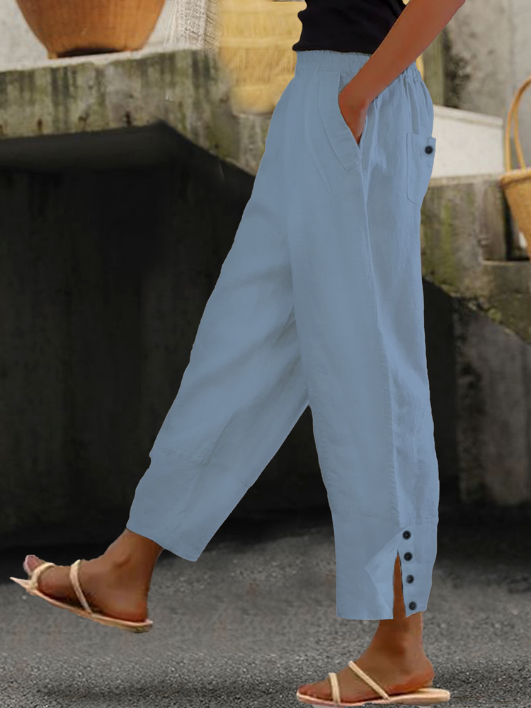 Loose Buttoned Cotton And Linen Linen Pants  QB111