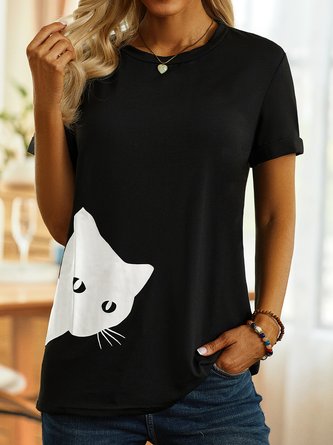 Cat Print Round Neck Short Sleeve Casual Tee QAW25