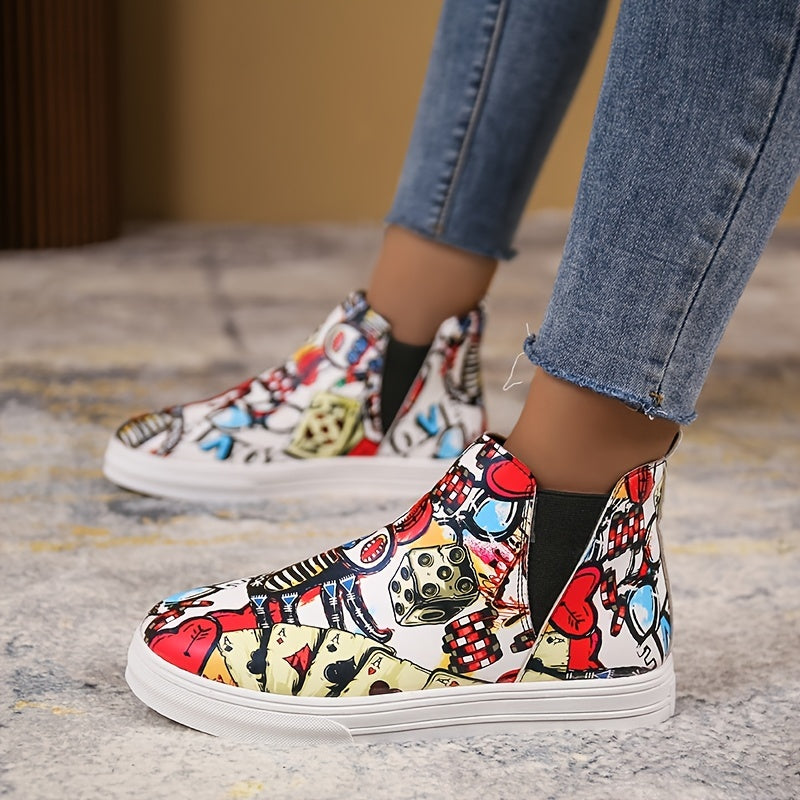 Women's Sneakers, Graffiti Faux Leather Low Top Elastic Band Ankel Skate Shoes SE1019