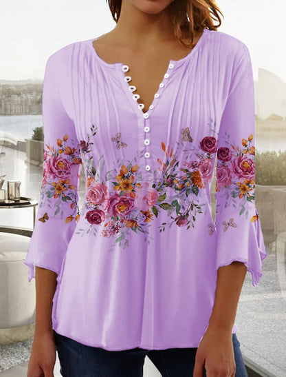 Women T-Shirt Floral Tunic V Neck Regular Fit Casual ap3