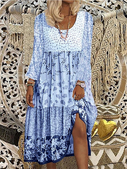 Floral Printed Long Sleeves Sweet Boho Weaving Dress  WE117