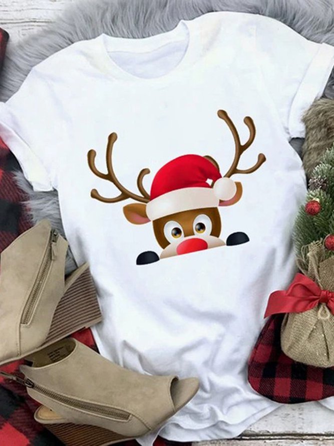 Women Christmas Animal Loosen Crew Neck Cotton Blends Short Sleeve T-Shirt PJ33 - Furdela