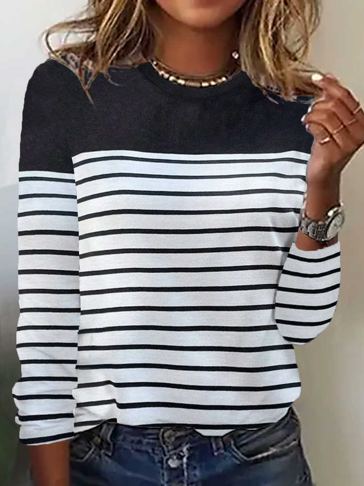 Crew Neck Striped Casual T-Shirt  WI95