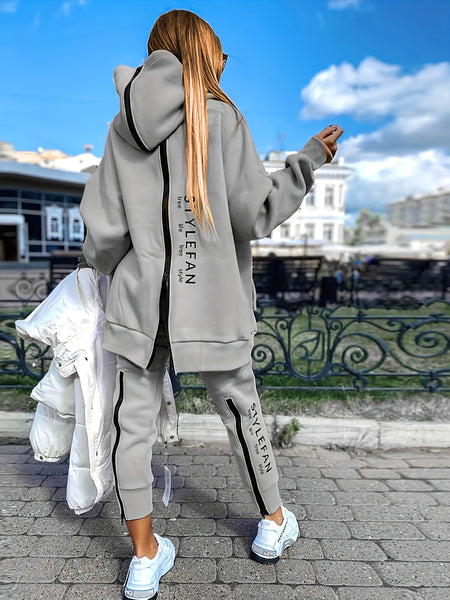 Zipper Back Drop Shoulder Hoodie & Elastic Waist Casual Pants Outfits FY8741 Furdela