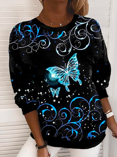 Butterfly Floral Boho Crew Neck Loose Sweatshirt OU1