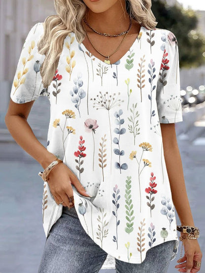 V Neck Casual Loose Floral Shirt  QR63