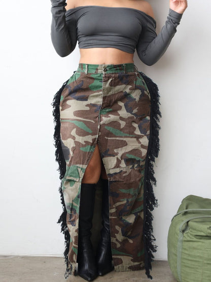 Camo Print Tassel Design High Split Skirt AT9014