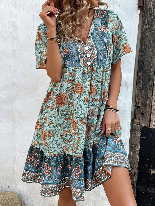 Women's Regular Fit Floral Boho V Neck Dress F4121