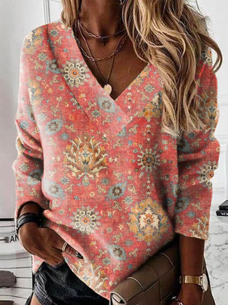 V Neck Printed Casual Tunic Sweatshirt QAS13