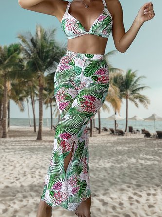 Vacation Plants Printing V Neck Bikini three piece suit QAJ33