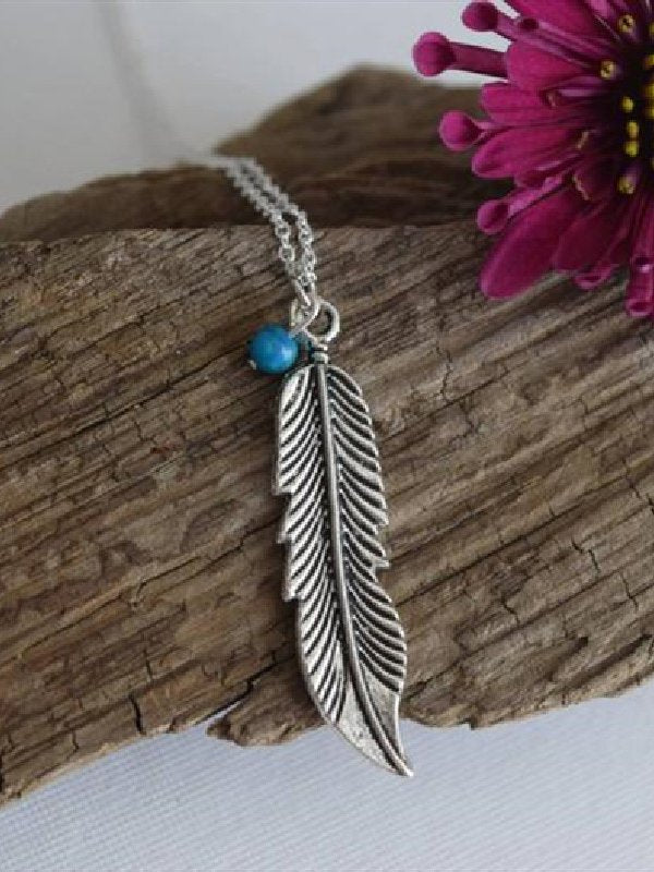 Ethnic Turquoise Feather Pattern Necklace Boho Vintage Women's Jewelry cc52