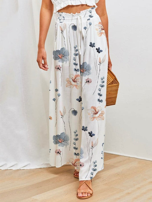 Country Casual Floral Loose Elastic Waist Wide-Leg Pants  WX90