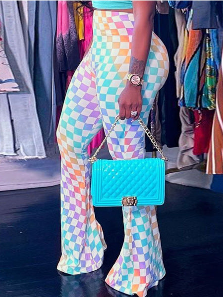 Plus Size High Waist Gradient Plaid Print Flared Pants AC203