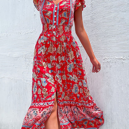 Tribal Floral Print Dress, Bohemian Flutter Sleeve Split Hem Ruched Maxi Dress, Women's Clothing AZ10012