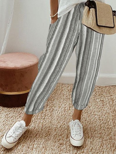 Country Casual Cotton And Linen Striped Loose Pants  WX94