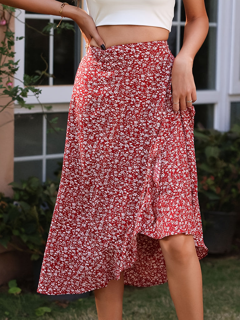 Ditsy Floral Print Asymmetric Skirts, Vacation High Waist Knee Length Skirts, Women's Clothing AZ10029