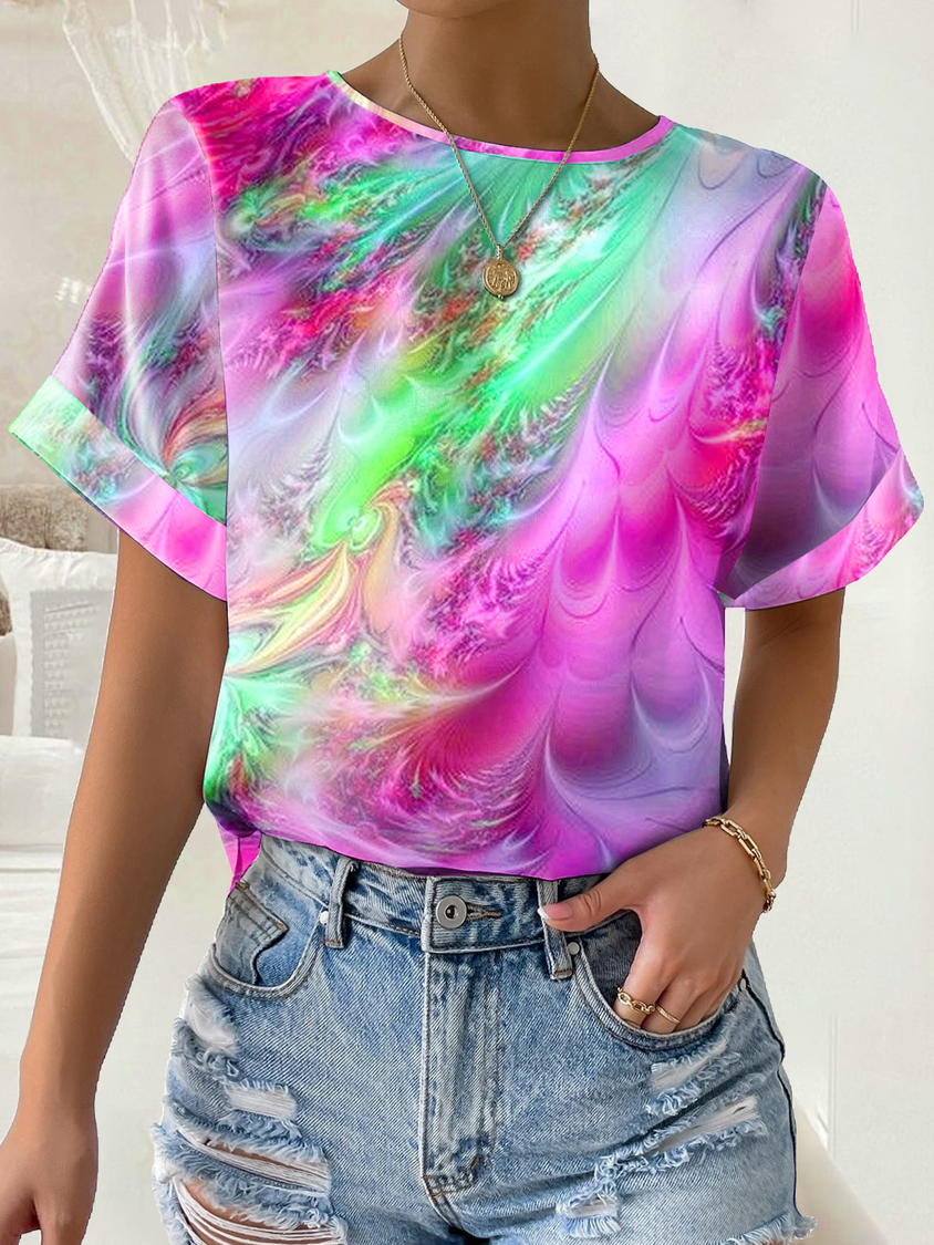 Crew Neck Abstract Loose Casual T-Shirt QAL2