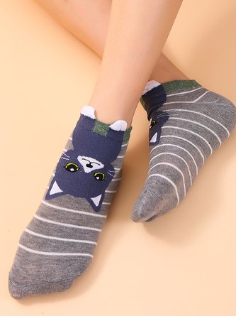 Daily Casual Cat Pattern Striped Cotton Socks Fun Cartoon Accessories VT23