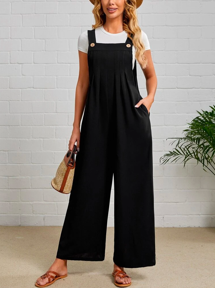 Loose Buttoned Casual Linen Bib Pants  QN64