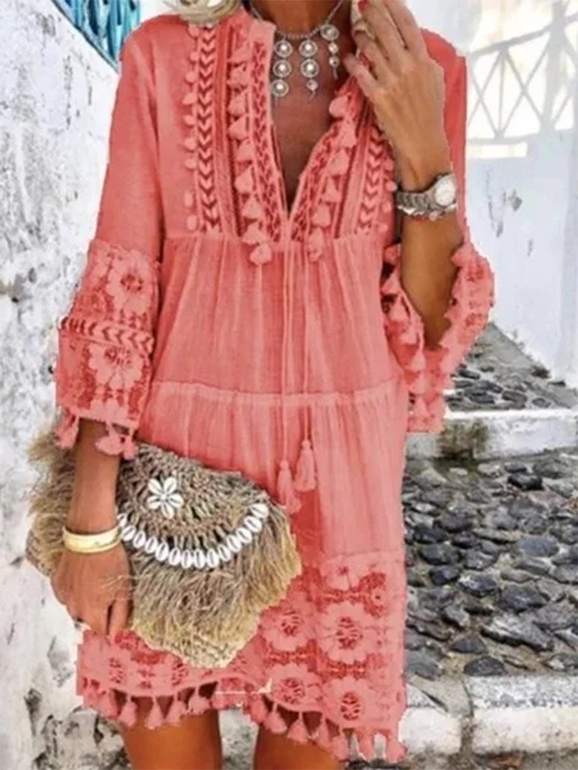 Women Summer 3/4 Sleeve V Neck Holiday Boho Dress MMy2