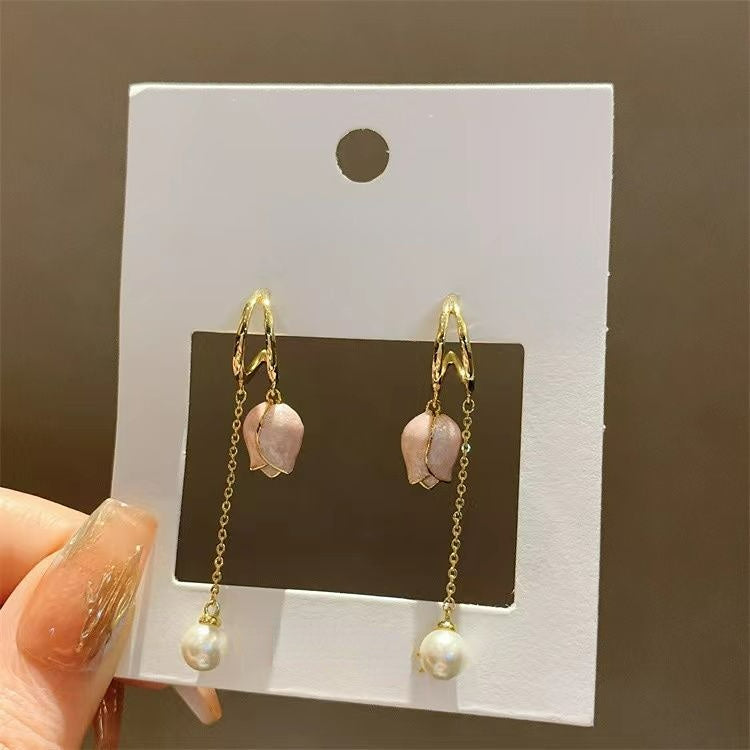 Pink tulip fringe long pearl earrings - Furdela