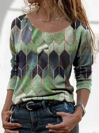 Casual Geometric Printed Long Sleeves Top  QH91