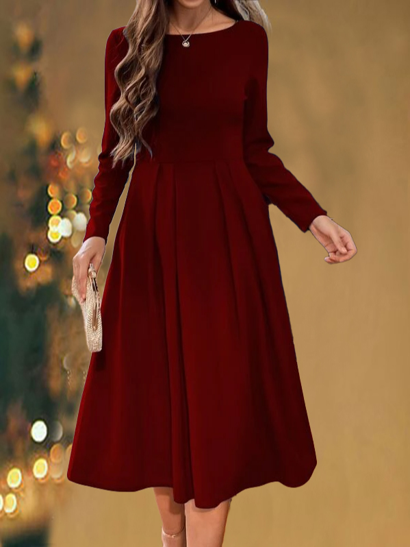 Women Simple Red Long Sleeve Formal Fitted Evening Occassion Long Dress PJ46 - Furdela