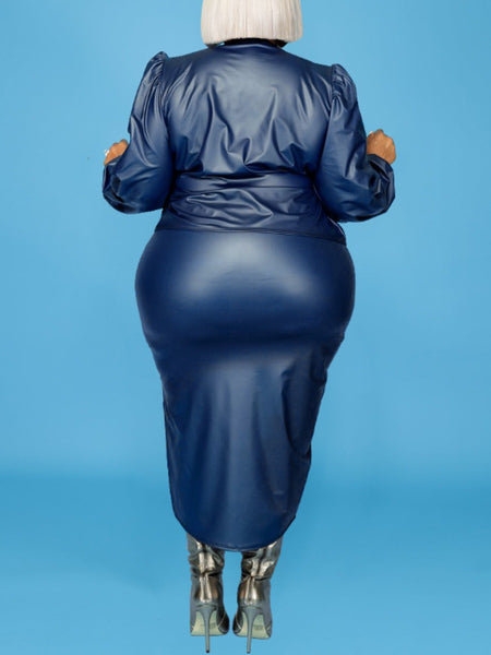 Plus Size Faux Leather Puff Sleeve Bandage Design Dress AR5096