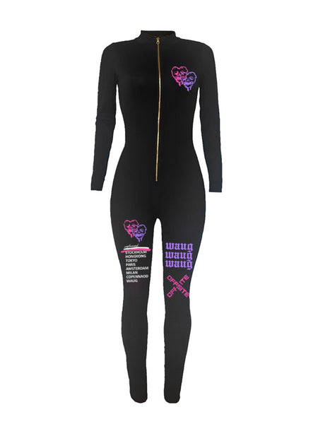 Plus Size Letter Print Zipper Design Skinny Jumpsuit AR5072