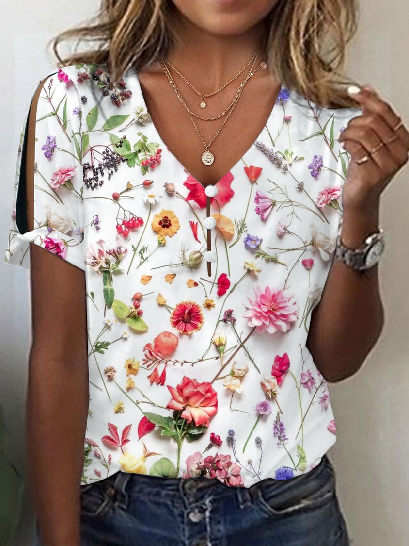 Loose Floral Casual V Neck T-Shirt CC52